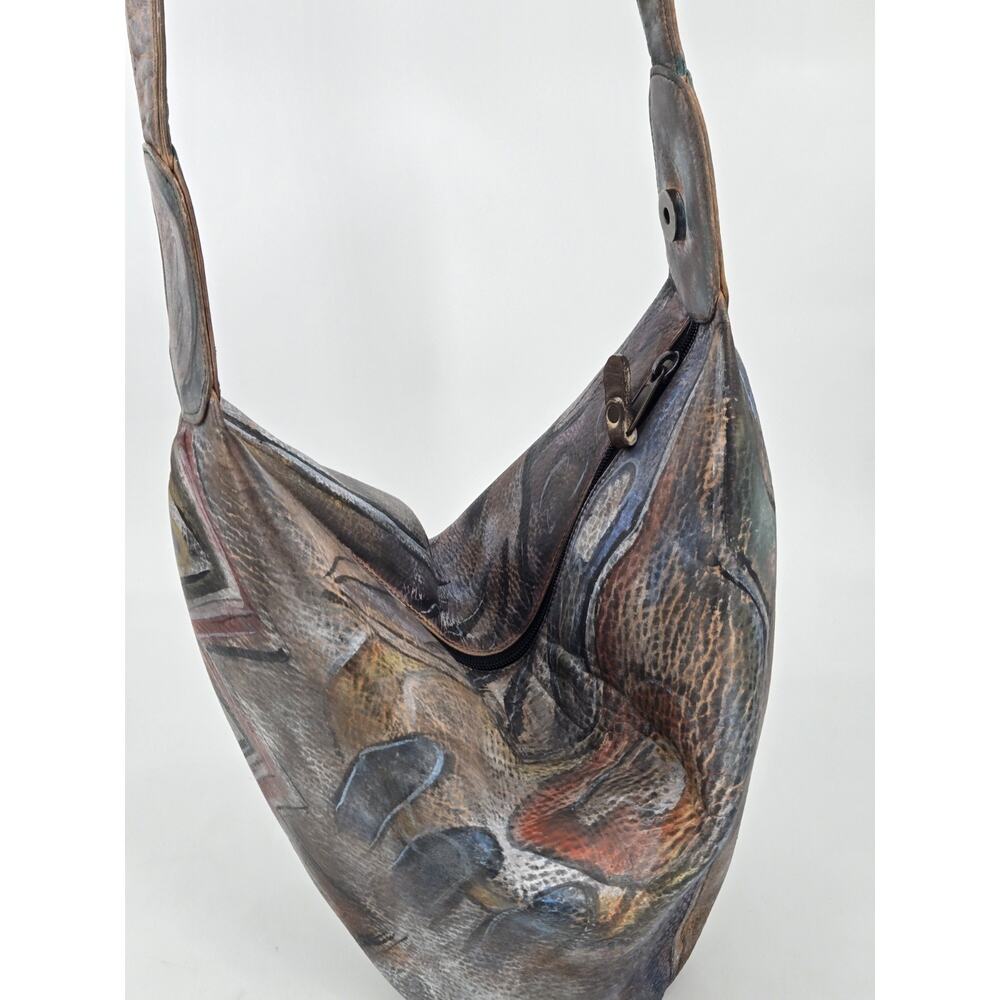 Jane Yoo Vintage Wearable Art Hand Painted Leather Crossbody Bucket Bag Purse - Picture 14 of 16